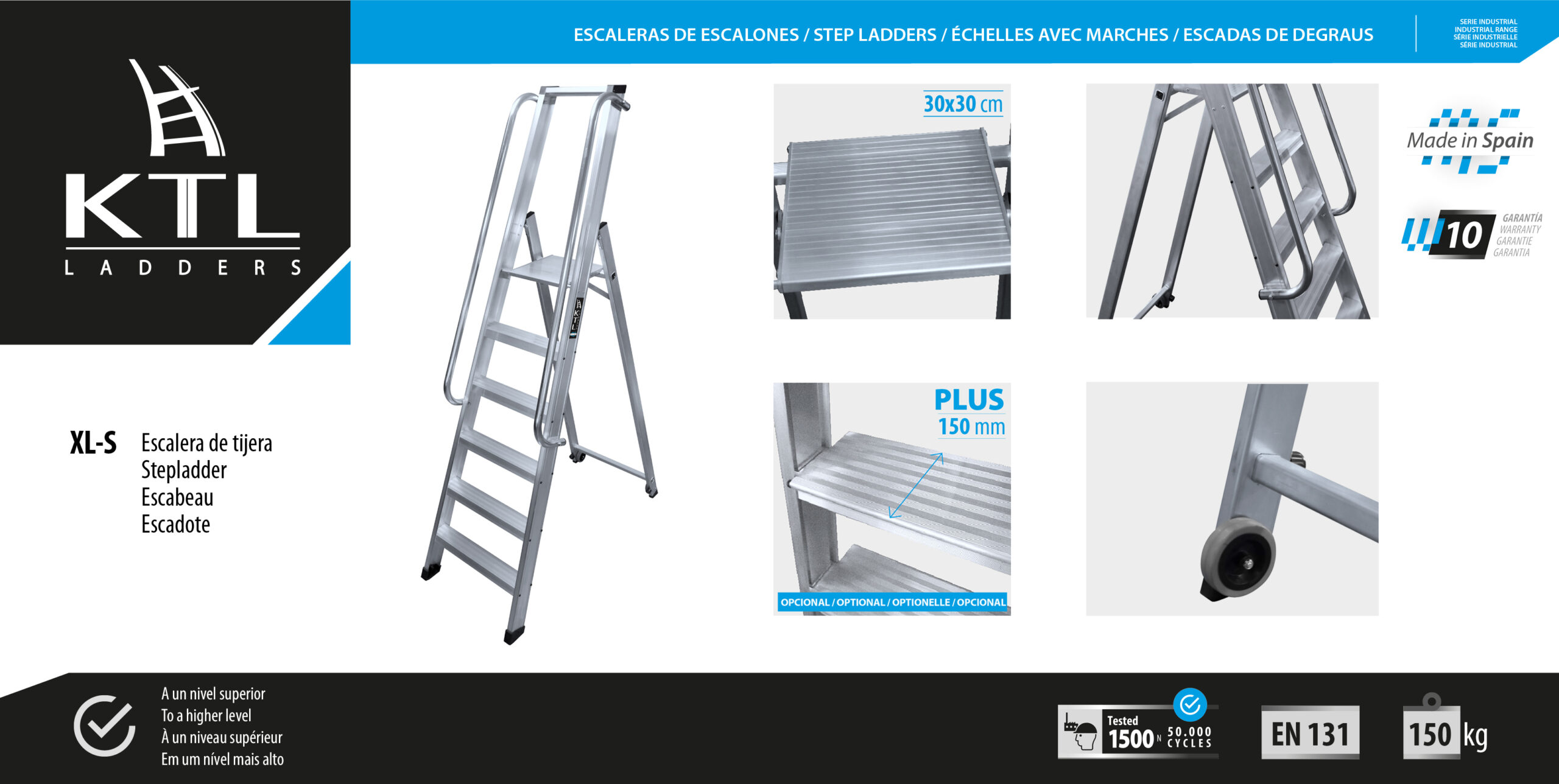 La escalera de almacén XL-S incluye ruedas y pasamanos para una mayor comodidad en el trabajo