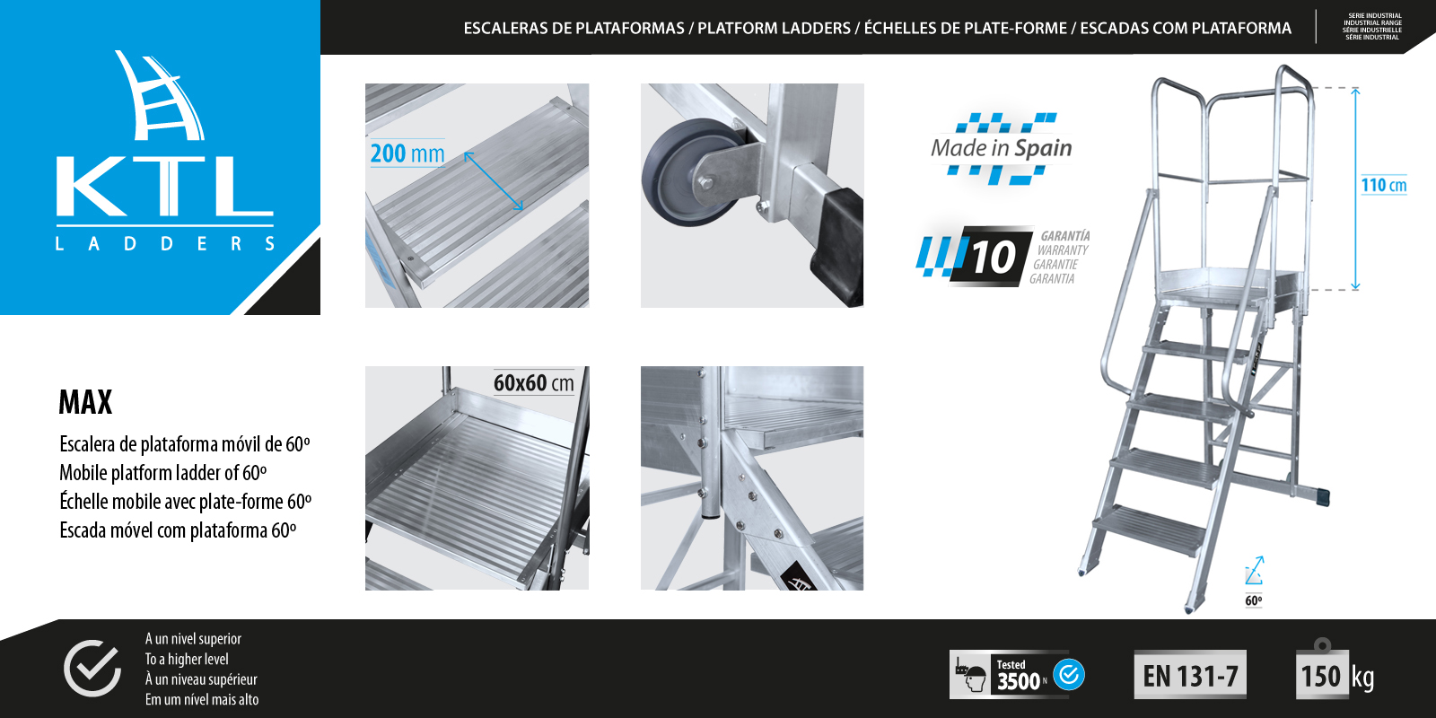 La escalera de plataforma móvil MAX 60º te permite realizar tareas de almacenamiento de forma cómoda y segura