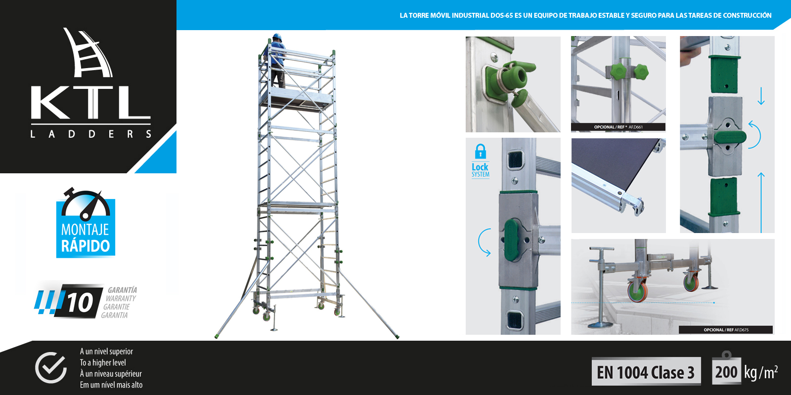 La torre móvil industrial DOS·65 es un equipo de trabajo estable y seguro para las tareas de construcción