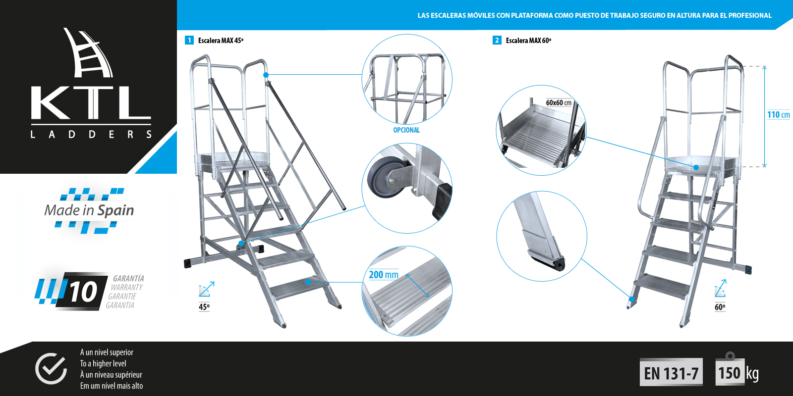 Mobile ladders with platform as a safe workstation at height for professionals