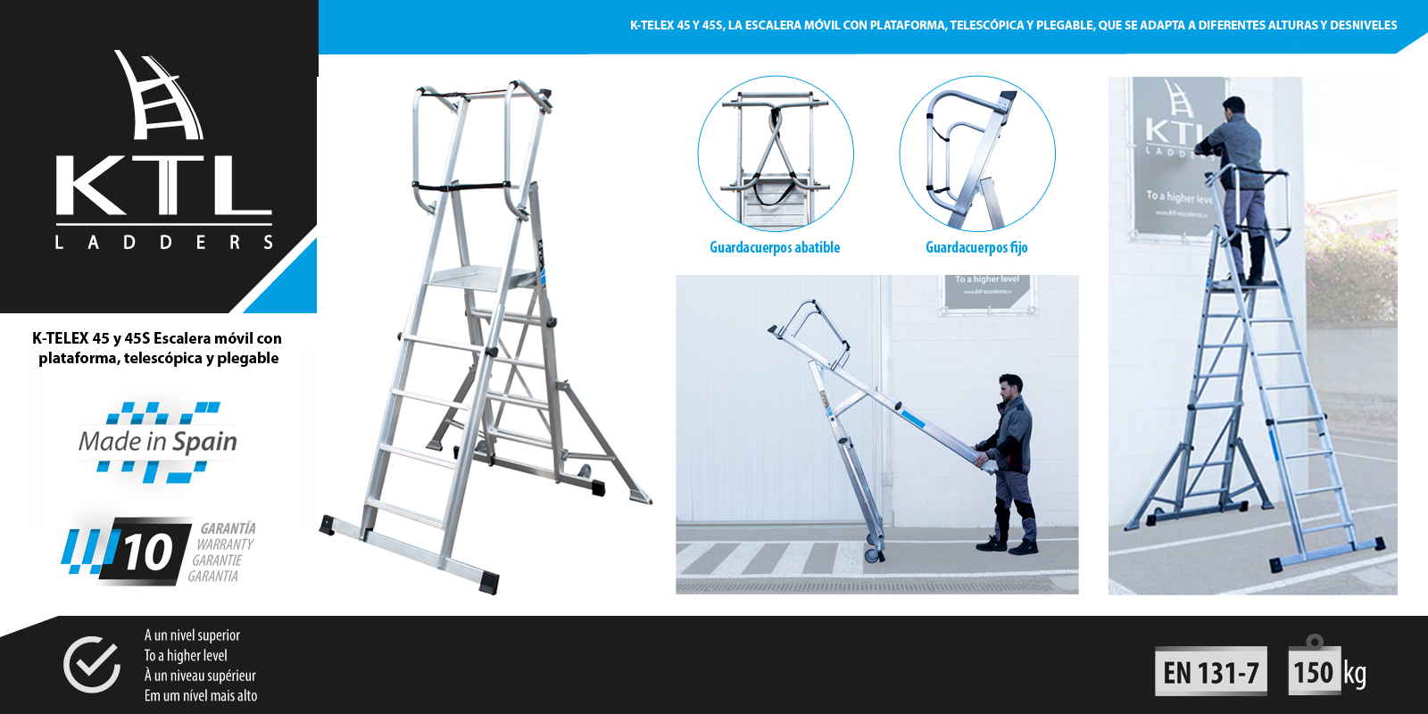 K-TELEX 45 and 45S, the mobile ladder with platform, telescopic and foldable, that adapts to different heights and levels