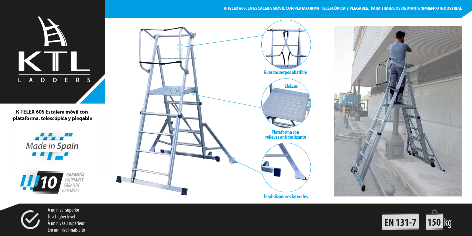 K-TELEX 60S, the mobile ladder with platform, telescopic and foldable, for industrial maintenance work